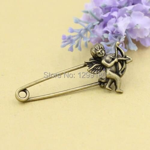 10pcs/lot Alloy Antique Bronze Vintage Angel Brooch Safety Pins For Garment Accessories Scarf Clip pins Length:52mm (K02084)