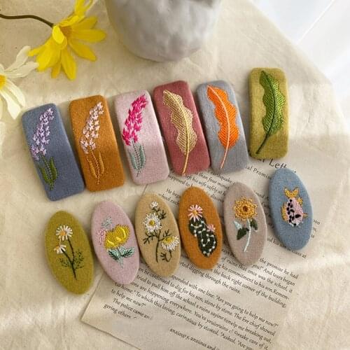 12pcs Sweet Embroidery Flower Hairgrips Fabric BB Snap Clips Girls Side Bangs Hairpins Leaves Barrettes Headwear Accessories