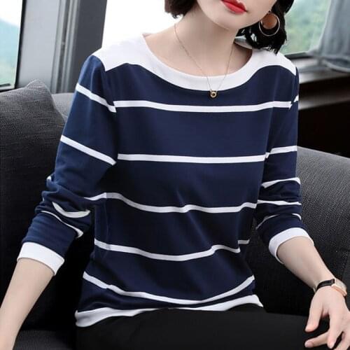 Ladies Blue White Striped Casual T-shirt Ladies Long-sleeved O-neck Loose Autumn Winter New Pullovers Plus Zize Bottoming Shirt