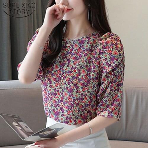 2021 Korean Style Summer Floral Chiffon Shirt Women Half Sleeve O Neck Pullover Women Blouse Red Top Women Blusas 9151 50