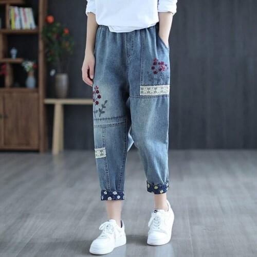 Women 2021 Spring Summer Retro Floral Embroidery Jeans Female Loose Harem Pants Ladies High Waist Thin Denim Trousers P05