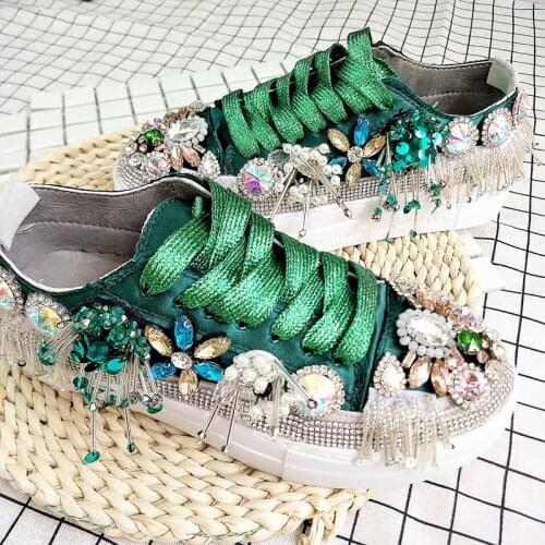 Sweet Feng Rhinestone Fringed Ladies Canvas Shoes College Style Spring And Autumn Trend Hot Sale Flat Round Toe Lace-Up Shoes