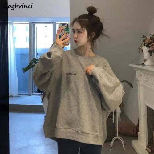 Women No Hat Hoodies Plus Velvet Loose Korean Style Vintage Students Letter Embroidery All-match Simple Trendy Oversize Leisure