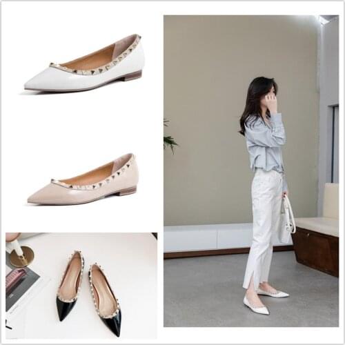 Women Flats 2020 Spring Autumn Genuine Leather Rivets Pointed Toe Casual Ladies Single Shoes zapatos mujer