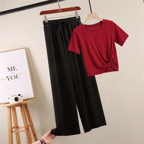 2021 Suit Women Suit Harajuku Female Two-Piece Set Summer Girl Student Short-Sleeved Solid Color T-Thirt + Wide-Leg Pants