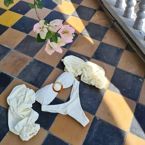 Womens Swimsuit Swimwear Woman Bikini Set Bathing Suits Split Detachable Long Sleeve Pleated Solid Color Elastic One-Shoulder