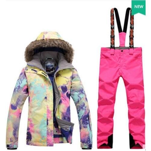 Womens Pink Ski Suit Female Snowboarding Attire Snow Clothes Colorful Jacket Bib Ski Pants Onesie Suspender Trousers Overalls