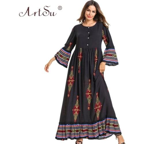 ArtSu Women Casual Black Plus Size Dress Button Up Flare Sleeve Vintage Ethnic Print Maxi Dress Loose Boho Long Robe Femme 2019
