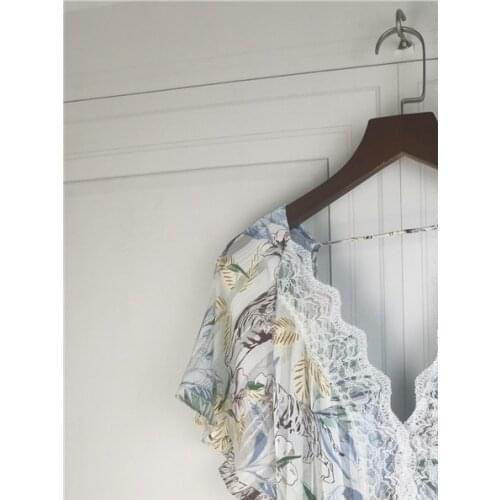 Women Backless Summer Dress Lace Stitching Plant Print Midi Dress V-neck Short Sleeve Pleated 2021 Spring Summer Ladies Robes