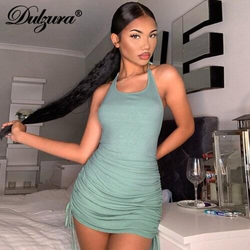 Dulzura drawstring ruched ribbed knitted solid women halter mini dress backless elegant bodycon sexy streetwear party club slim