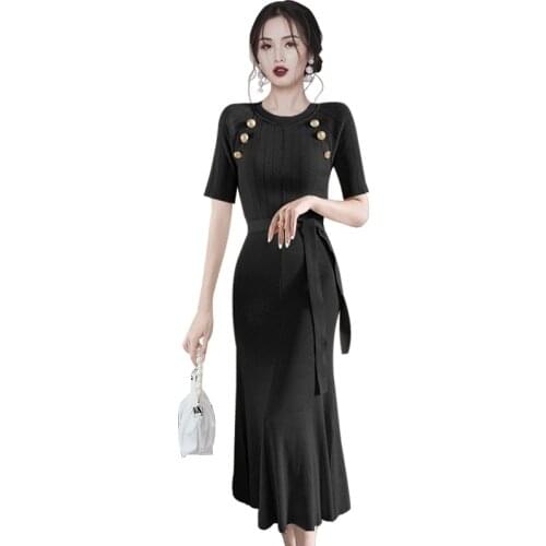 Maxi knit dress one piece korean ladies Summer black short Sleeve Sexy cabaret party robe formal Dresses for women