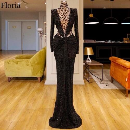 High Fashion Black Sequin Evening Dress Formal Long Mermaid Prom Dress Muslim Sexy Women Party Gowns Abendkleider Cocktail Dress