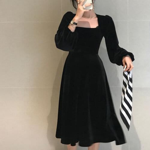 Joinyouth Vintage Velour Women Dress Square Collar Puff Long Sleeve Dresses 2021 Spring Korean Elegant Vestidos Femme Clothes