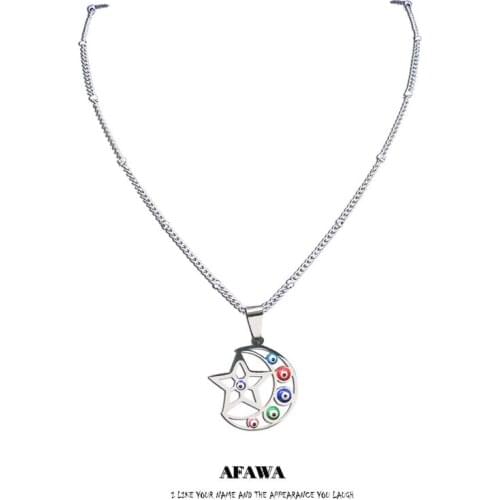 2021 Stainless Steel Colorful Turkey Eye Charm Necklaces Silver Color Islam Moon Star Necklaces Jewelry pendentifs N5205S01