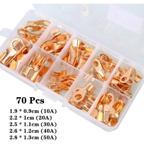 70pcs OT-10A 20A 30A 40A 50A Dia Red Copper Circular Splice Ring Terminal Wire Naked Battery Cable Connector lugs Terminals