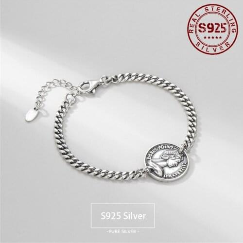 Bracelets for Women Sterling Silver 925 Queen Coin Charm Vintage Link Women Bracelet Real Silver 925 Jewelry Accessories