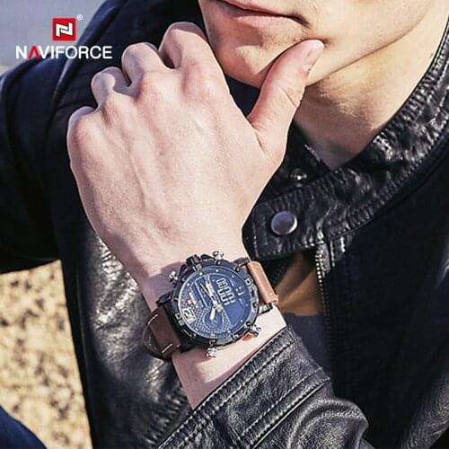 NAVIFORCE Mens Watches Fashion Business Dual Time Week Display LED Digital Leather Male Quartz Waterproof Wrist Watch Big Clock