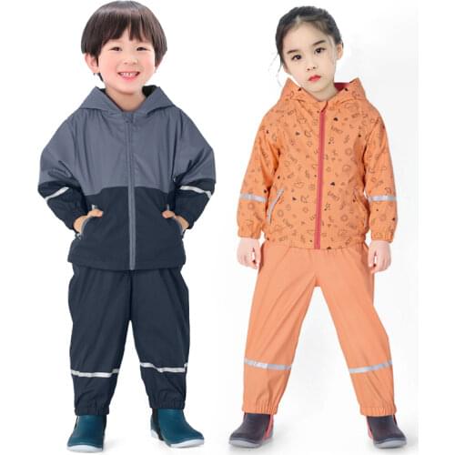 2020 Rain Fleece Jacket Pants Boy Outfits PU Waterproof Baby Girls Tracksuit Coat Overalls Kids Clothes Set Sport Children Suits