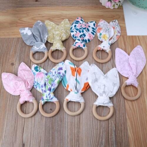 Baby Boy Girl Bunny Ear Teether Safe Organic Wood Teething Ring Toys Various Color Choice Shower Gift