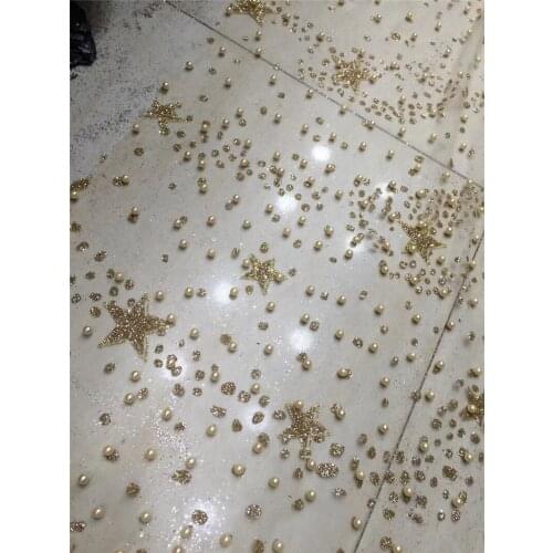 JRB-81101 Good looking 5yards hand print glued glitter tulle mesh lace fabric with beads for wedding in gold color