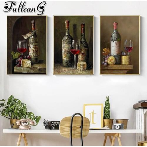FULLCANG 5d diy diamond embroidery Vintage Red Wine Bottle Fruit diamond painting triptych full square/round drill decor FC1963