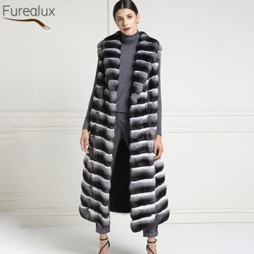 FUREALUX Natural Real Rex Rabbit Fur New Pure Coat Handmade Horizontal Pattern Lapel Womens Winter Warm Trend Sleeveless Vest