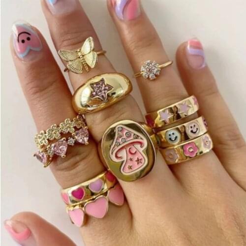 New Stainless Steel Ins Mushroom Ring Simple Retro Pink Rhinestone Mushroom Ring For Women Girls Fashion Jewelry
