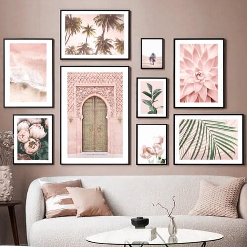 Morocco Door Palm Leaf Flower Waves Pink Succulents Wall Art Print Canvas Painting Nordic Poster Decor Pictures For Living Room