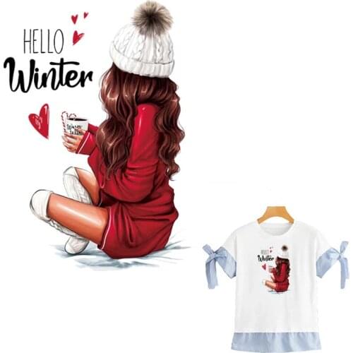 Hello Winter Fabric Patches Vinyl Thermal Press Hoodies Tops Diy A-Level Washable Applique Beautiful Girl Transfers