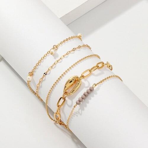 Anomokay New Fashion Shell Charm Wrap Bracelet Set Gold Color Handmade Beaded Rolo Chain Link Bracelet Set for Women Girl Gifts