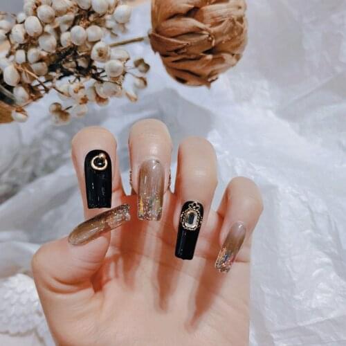 24pcs Black Nail Patch Square Head Glue Type Removable Long Paragraph Fashion Manicure Save Time False Nail Patch TN