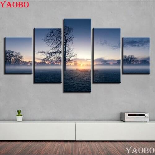 Full Square Round Diamond Embroidery icon 5D DIY Diamond Painting 5 Pieces Misty Morning Tree Landscape Diamond mosaic decor