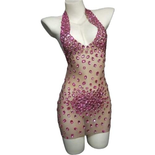 See-through Sheath Dress Halter Backless Rhinestone Dress Women Crystal Party Nightclub DJ Outfit Dance Stage Show Costume
