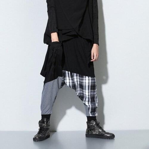 Men plaid patchwork drop crotch punk hip hop harem pants nightclub DJ stage costume men street dance baggy joggers trousers
