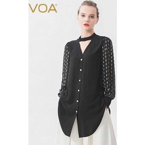 VOA Georgette Silk Cutout Black V-neck Long Sleeve Mix Material Stitching Single Row Button Slit Hemline At Hem Shirt B9318