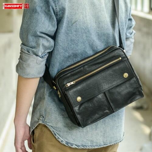 High-end Hand-made! Handmade First Layer Cowhide Japanese Street Casual Shoulder Bag Messenger Bag Men Soft Black Leather