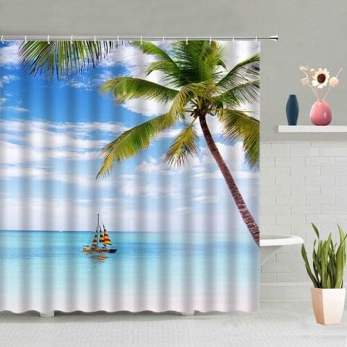 Ocean Landscape Shower Curtains Beach Starfish Palm Tree Summer Scenery Bathroom Decor Screen Bath Curtain Washable With Hooks