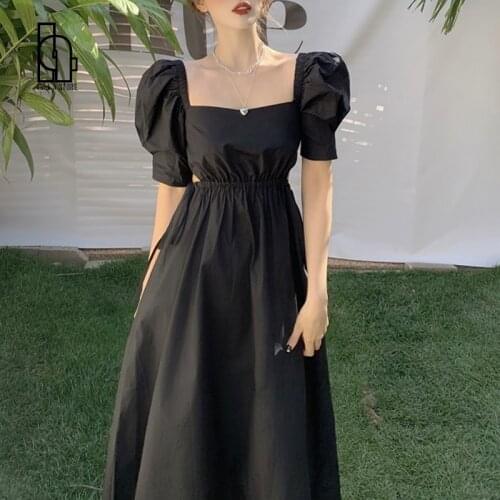 Women Casual Puff Sleeve One Piece Dress Korean Gothic Bandage Midi Black Dress Female Evening Party Chic French Vintage Dress