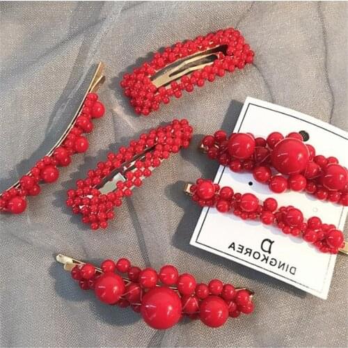 1 Pc Fashion Red Pearl Hair Clip for Women Elegant Korean Design Snap Barrette Stick Hairpin Hair Styling Accessories