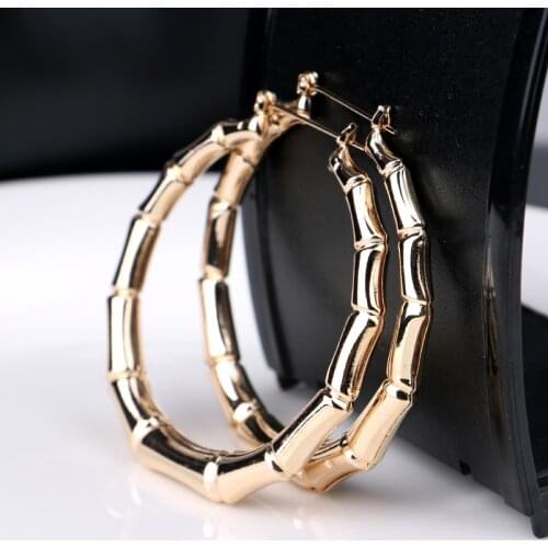 Women Ladies Vintage Punk Gold Bamboo Big Hoop Large Round Circle Earrings Jewelry Gift