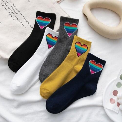 Socks Womens Autumn And Winter New Rainbow Love Japanese Womens Socks College Style Combed Cotton Color Striped Cotton Socks M