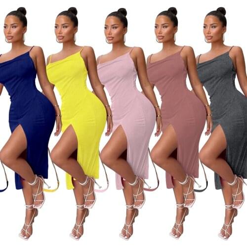 Side High Split Women Dresses Pleated Spaghetti Strap Off Shoulder Sleeveless Hollow Out Casual Nightclub Party Summer Wear