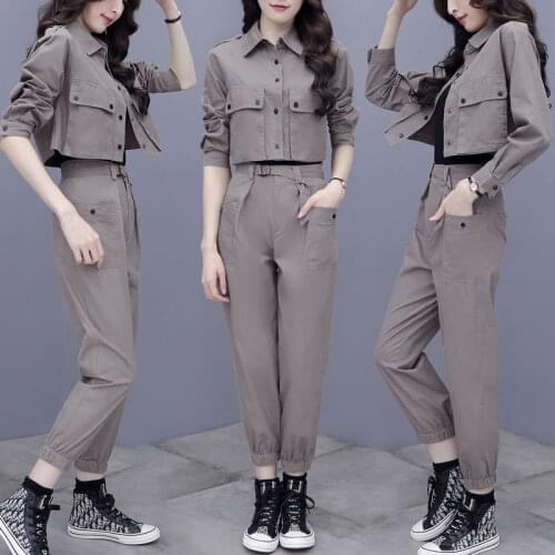 Women 2021 Spring Autumn Fashion Pants Suit Female Crop Short Jacket Coat and High Waist Pants Streetwear Cargo 2 Piece Set C309
