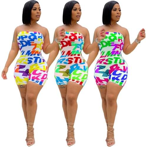 Echoine Summer Multicolor Letter Print Skinny Rompers Women Off The Shoulder Strapless Bodycon Outfit Backless sexy Playsuits