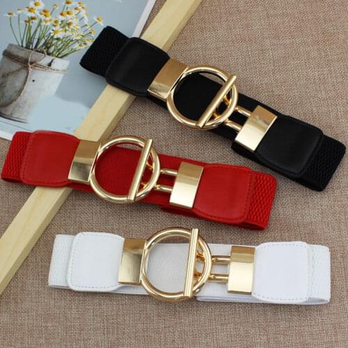 PU Leather Elastic Belt Women Metal Buckle Wide Waist Belts for Female Elegant Slim Girdle Solid Waistband Fashion Cummerbund