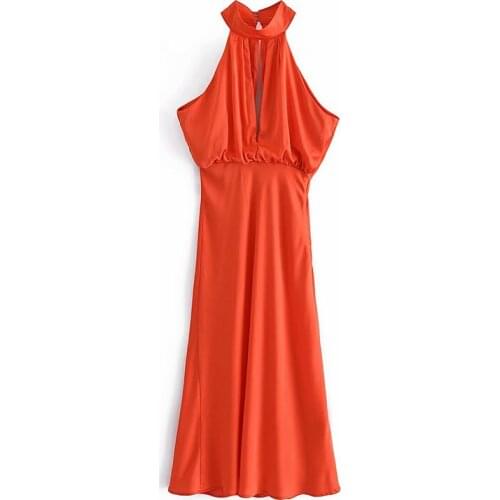 2021 Womens Fashion Sexy Red Backless Sleeveless Dress Silk Satin Halter Collar Vintage Female Tight Dress
