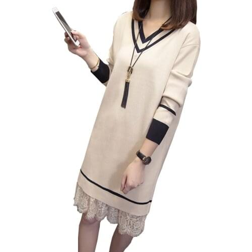 Women Autumn Knitted Dress New Female Fashion Loose Casual Office Vestido V-neck Long sleeve Lace Stitching Base Dresses OK670