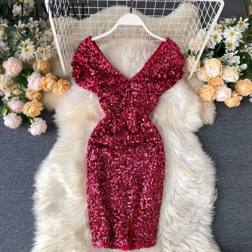 OCEANLOVE Party Dress Women Sequined Shining V Neck Vestidos High Waist Banquet Fashion Sexy Dresses Bodycon Backless 16088