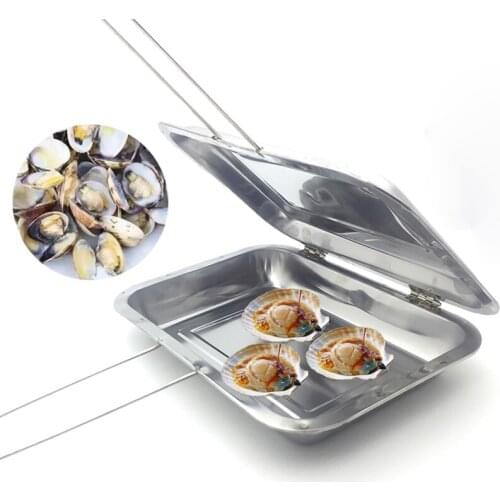 Outdoor BBQ Oven Camping Cookware Long Handle Folding Roast Meat Pan Bake Clams Shellfish Stainless Steel Box BBQ Tools 1pcs