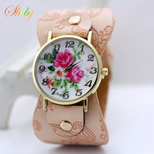 Shsby new Printed leather Bracelet Wristwatch Wide band Women dress Watch with peony flowers Fashion Casual Watch girls gift